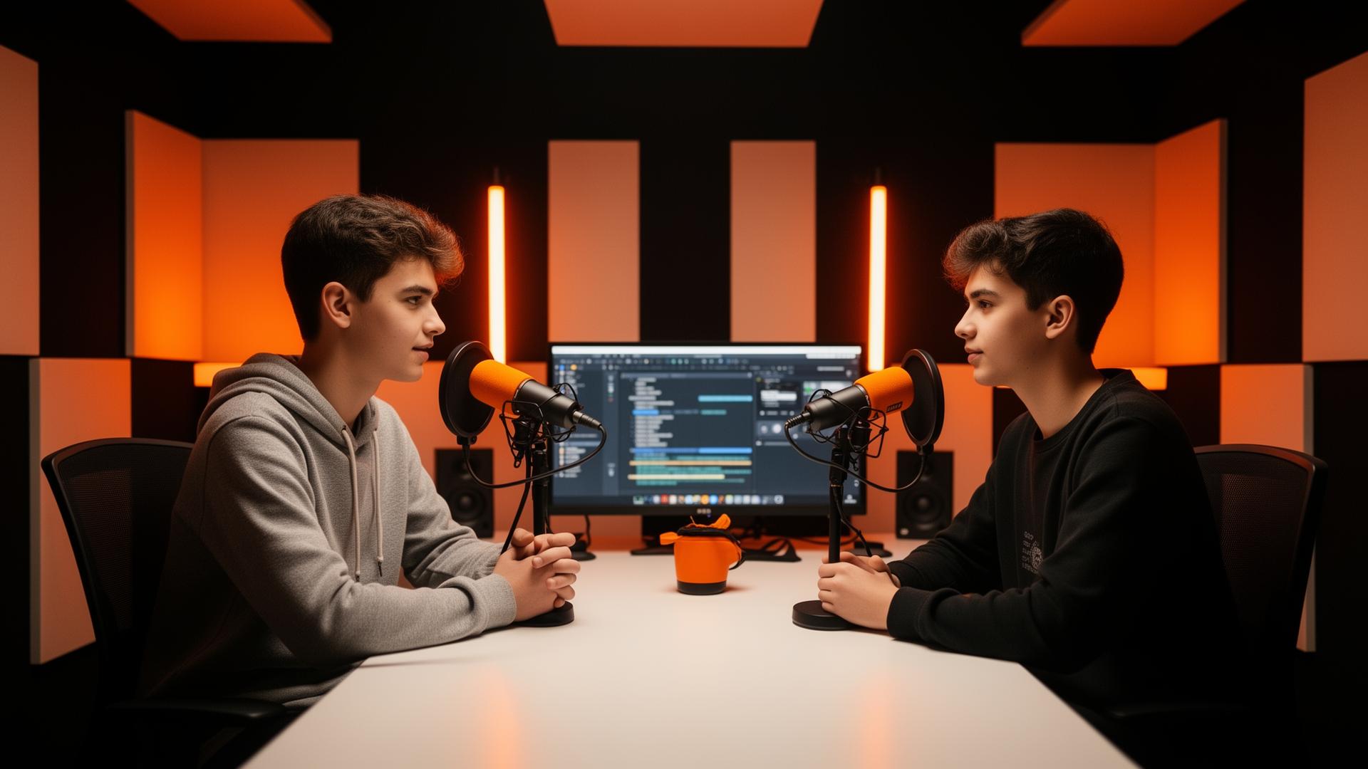 Cadru editorial GenMindZ cu doi tineri într-un studio de podcast iluminat în portocaliu.