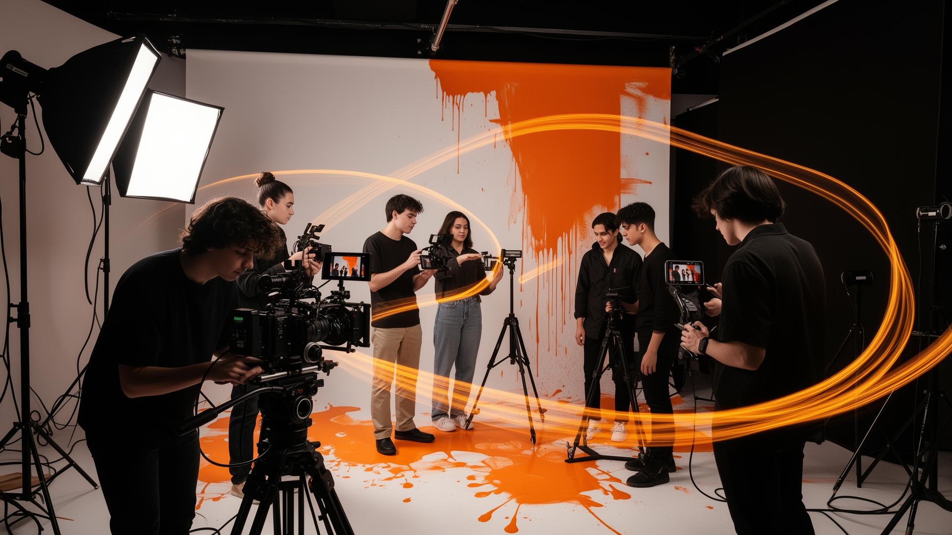 Echipă tânără care filmează într-un studio creativ, cu accente portocalii și trasee luminoase.